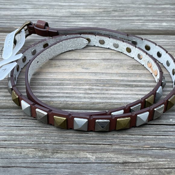 LODIS Women Belt Brown Leather Studded Skinny Belt - Picture 7 of 11